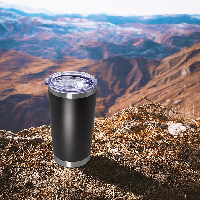20 oz Tumbler Coffee Travel Tumblers Bulk with Lid Stainless Steel Double Wall Vacuum Insulated Mug Powder Coated Cups fit Car Cupholder for Hot and Cold - Black, 8Pack