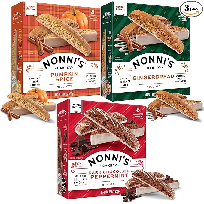 Nonni's Holiday Italian Biscotti Cookies - 3 Boxes Christmas Cookies - Dark Chocolate Peppermint Cookies, Gingerbread Cookies & Pumpkin Cookies - Biscotti Individually Wrapped Cookies - 6.88 oz