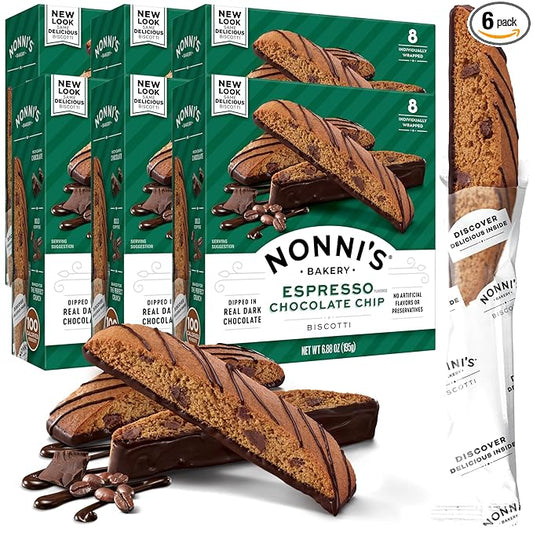 Nonni's Espresso Chocolate Chip Biscotti Cookies - 6 Boxes Espresso Coffee Cookies - Espresso Chocolate Chip Cookies w/Dark Chocolate - Italian Biscotti Individually Wrapped Cookies Kosher - 6.88 oz