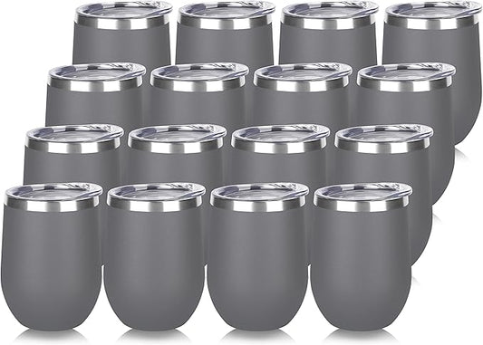 DOMICARE Stainless Steel Wine Tumbler Bulk with Lid, Personalized Insulated Tumblers Set, 12oz Travel Coffee Cups Pack of 16, Gray