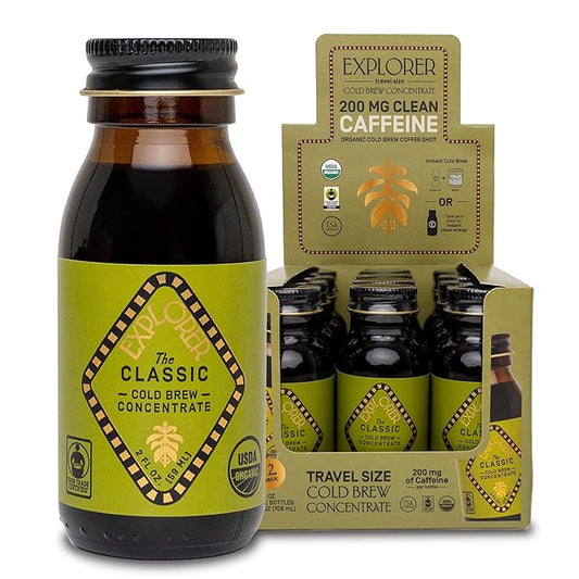 Explorer Cold Brew Organic Liquid Coffee Concentrate, Classic Regular Caffeine, Drink Iced or Hot While On the Go, Travel Size, 2 fl oz (Pack of 12)