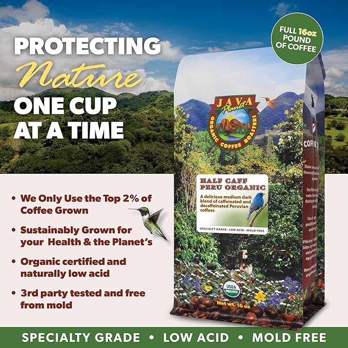 Low Acid Organic Coffee – Whole Bean, Mold-Free & Stomach Friendly by Java Planet, Peruvian Single Origin Half Caff Coffee, Medium Dark Roast, Arabica Gourmet Coffee Grade A, 1LB Bag