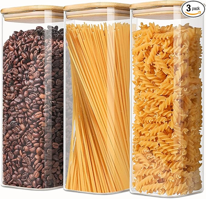 2.2 Qt Square Glass Storage Containers with Lids, Clear Food Storage Container Jar with Sealing Bamboo Lid Storage Containers for Pasta, Oats, Coffee, Flour, Sugar, Square Set-3Pack