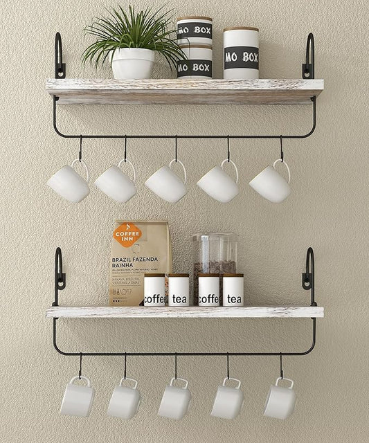 Coffee Mug Holder, Coffee Bar Shelf with Hooks Wall Mount Cup Organizer Mug Racks Pods Storage Hanger Farmhouse Kitchen Decor, White