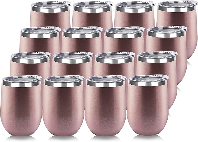 DOMICARE Stainless Steel Wine Tumbler Bulk with Lid, Personalized Rose Gold Insulated Tumblers Set, 12oz Travel Coffee Cups Pack of 16