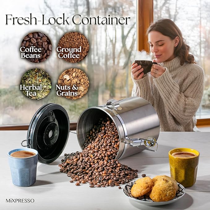 Mixpresso 16 Oz Coffee Canister with Window, Stainless Steel Airtight Coffee Container & scoop, Jar Tea Storage with Date Tracker, Vacuum Sealed Espresso Airtight Canister, Sugar Container