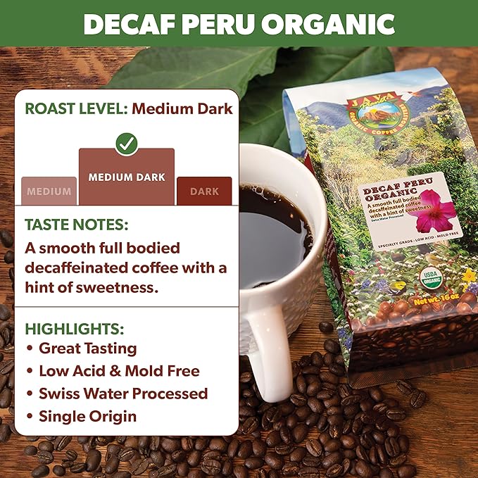 Low Acid Organic Coffee – Whole Bean, Mold-Free & Stomach Friendly by Java Planet, Peruvian Single Origin Decaf Coffee, Medium Dark Roast, Water Process, Smooth Full Flavored, 1LB Bag