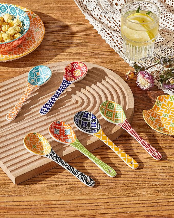 Ceramic Small Serving Spoons, Colorful Soup Spoon Set for Cereal, Yogurt, Dips, Ice Cream, Ramen, Dishwasher & Microwave Safe, Cute Decorative Spoon Set of 6