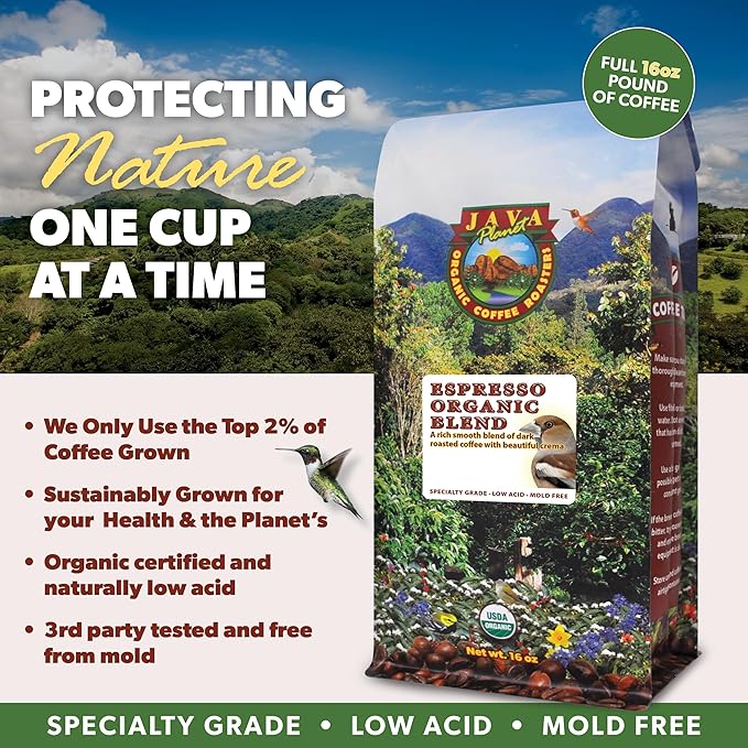 Low Acid Organic Coffee – Whole Bean, Mold-Free & Stomach Friendly by Java Planet, Espresso Blend Coffee, Dark Roast, Smooth Full Flavored, 5LB Bag