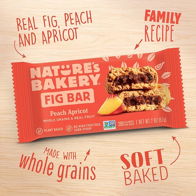 Nature’s Bakery Whole Wheat Fig Bars, Peach Apricot, Real Fruit, Vegan, Non-GMO, Snack bar, 1 box with 12 twin packs (12 twin packs)
