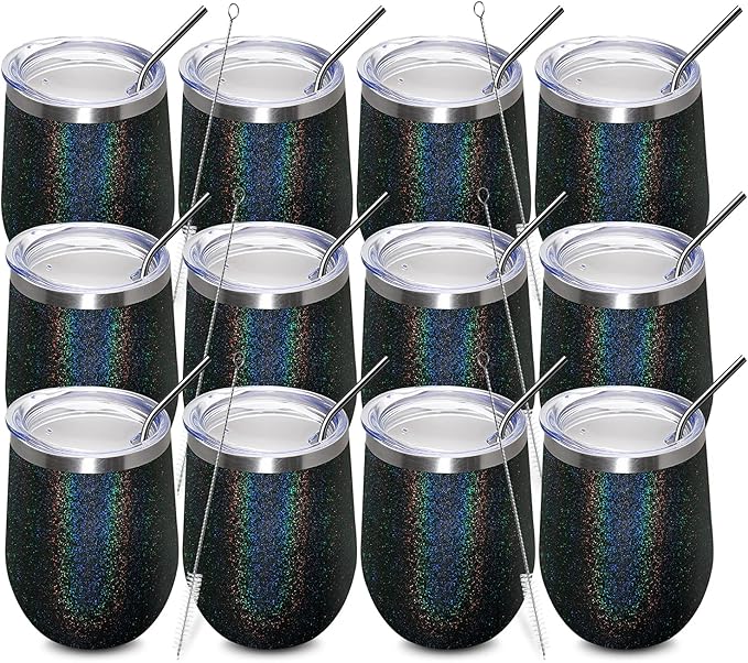 MEWAY 12oz/12 Pack Wine Tumbler Glasses with Lid - Stemless Double Wall Vacuum Stainless Steel Glitter Tumbler - Keeping Cold & Hot Cup for Coffee,Gift for Women(Rainbow Black,Set of 12)