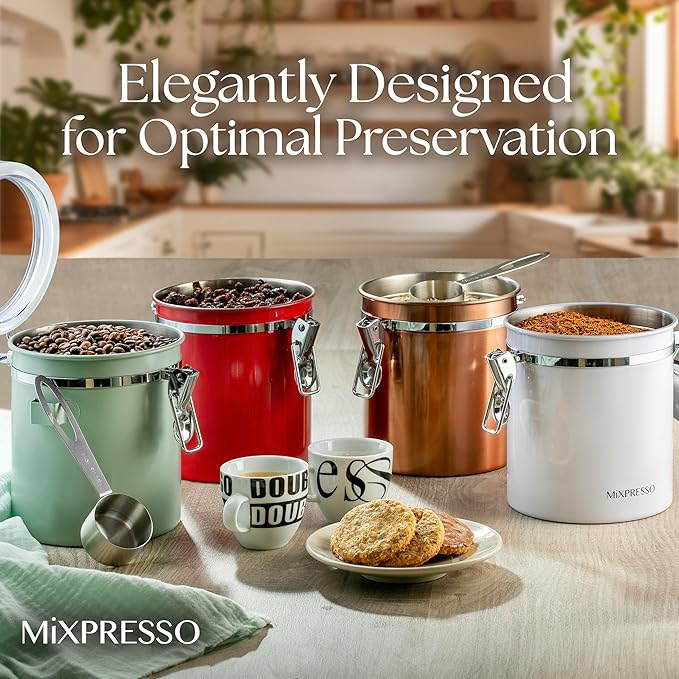 Mixpresso Green Coffee Canister, 16oz Airtight Stainless Steel Kitchen Food Storage Container with Clear Lid and Spoon. for Grounds Coffee, Beans, Tea, Flour, Cereal, Vacuum Sealed Sugar Container