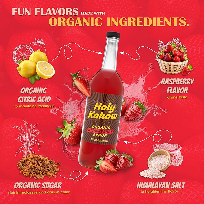 Holy Kakow Organic Strawberry Syrup - Strawberry Syrup for Drinks, Fruit Syrup, Dye Free Strawberry Syrup, Liquid Sugar, Cane Sugar Syrup, Strawberry Simple Syrup, All-Natural, Non-GMO - 750 ml