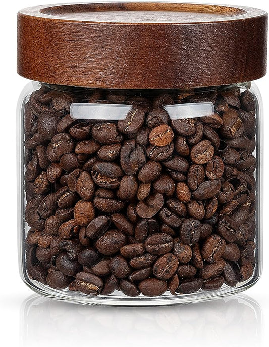 1PC Small Glass Storage Jars with Airtight Lids, 18 fl oz (550ml) coffee container with Wooden Lid, Glass Pantry Canister for Beans, Rice, Sugar and etc
