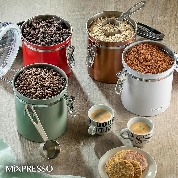 Mixpresso 16 Oz Copper Coffee Canister, Stainless Steel Airtight Coffee Container, Ground and Bean Storage with Date Tracker, Vacuum Sealed Espresso Airtight Container, Sugar Container