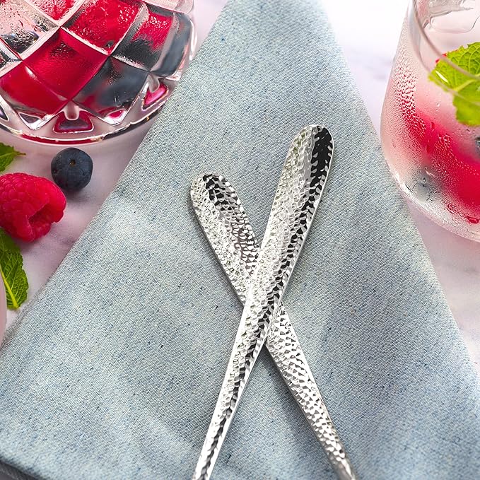 Hudson Essentials Hammered Iced Tea Spoons, 18/10 Stainless Steel Long Handle Spoons for Stirring Cocktails, Tea, Coffee, Set of 6 - Bergamo