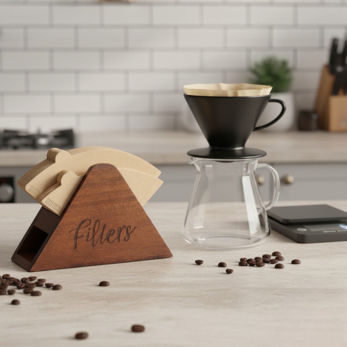 Acacia Wood Coffee Filter Holder,Coffee Filter Storage Organizer,Coffee Bar Decor,Storage for Square Cone shaped and Flat bottomed Pour Over Paper Filters