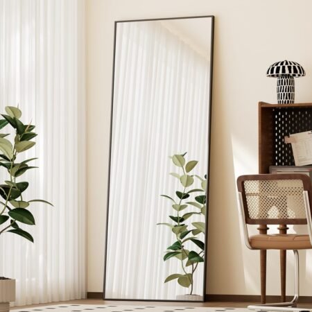 Full Length Mirror with Stand, 56"x21" Floor Mirror with Aluminum Alloy Thin Frame,  Tempered Full Body Mirror, Free Standing or Wall-Mounted Mirror for Living Room, Black