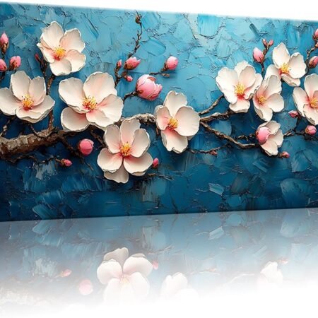 Cherry Blossom Wall Art Canvas, White Flowers on Blue Background, Living room Bedroom Office Modern blue mural Floral Painting Home Decor 20" x 40"