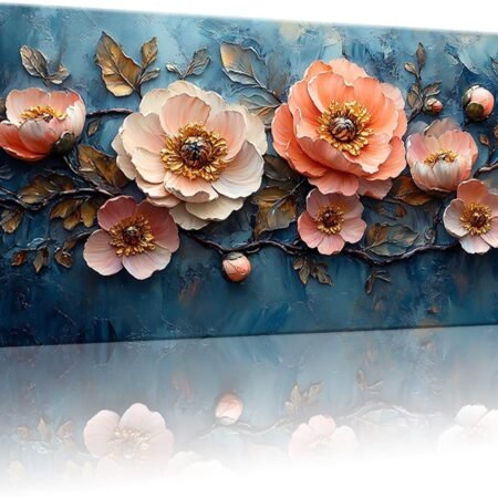beautifulpink flower mural living room bedroom office farmhouse oil painting Artwork, blue background pink flowers modern home floral poster muralArtwork, flower posters for roomPrinted frame for hanging at any time.