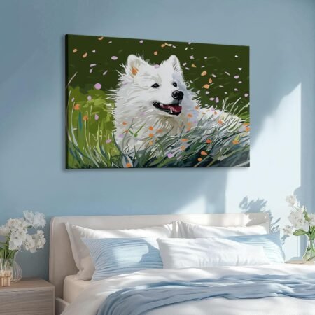 Frameless Canvas Decorative Painting Grass Petals Animal Dogs, Oil Painting Style Wall Decor Art Pictures for Bedroom Office Home Decoration Gifts, 55 x 28 Inches Unframed