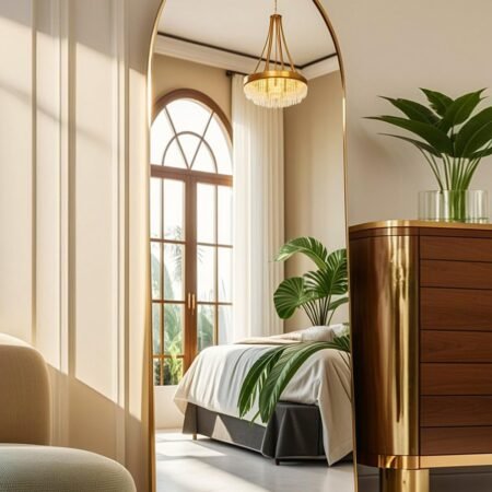 58"x18" Arched Full Length Mirror, Floor Mirror with Stand, Freestanding, Wall Mounted, Arched-Top Full Body Mirror for Bedroom, Dressing Room -Gold