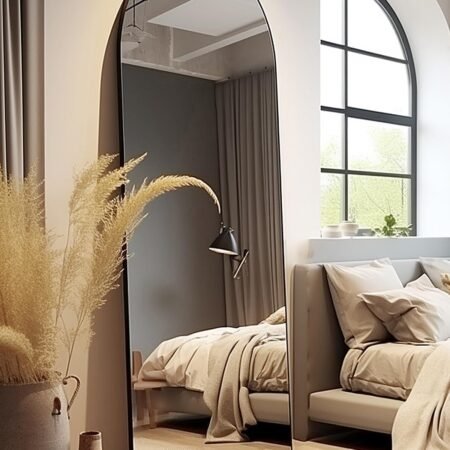 Floor Mirror, Full Length Mirror, Arched Mirror, Standing Mirror, Tall Mirror, Wall Mounted, FreeStanding, Large Mirror, 58"×18", Aluminum Frame -Black