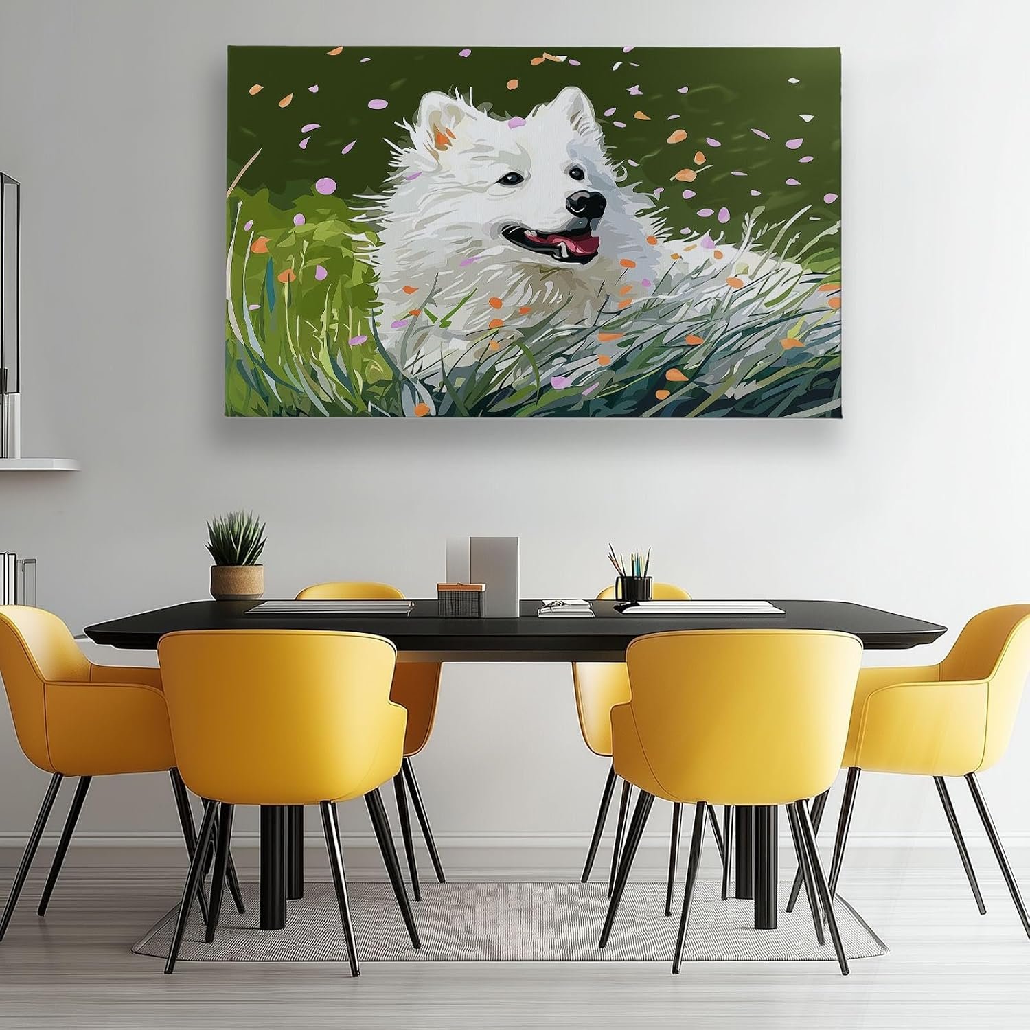 Frameless Canvas Decorative Painting Grass Petals Animal Dogs, Oil Painting Style Wall Decor Art Pictures for Bedroom Office Home Decoration Gifts, 55 x 28 Inches Unframed - Image 2