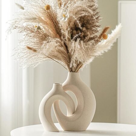 Hollow Ceramic Vase Set of 2, Decorative Ceramic Aesthetic Flower Vase for Home Decor (Milky White W 6.3" X H 8.4")