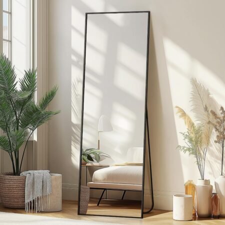 Wall Mirror Full Length Mirror,Standing Mirror Full Body,Large Floor Mirror for Wall Door Bedroom Bathroom Living Room with Aluminium Frame(with Stand,56x15-Black)