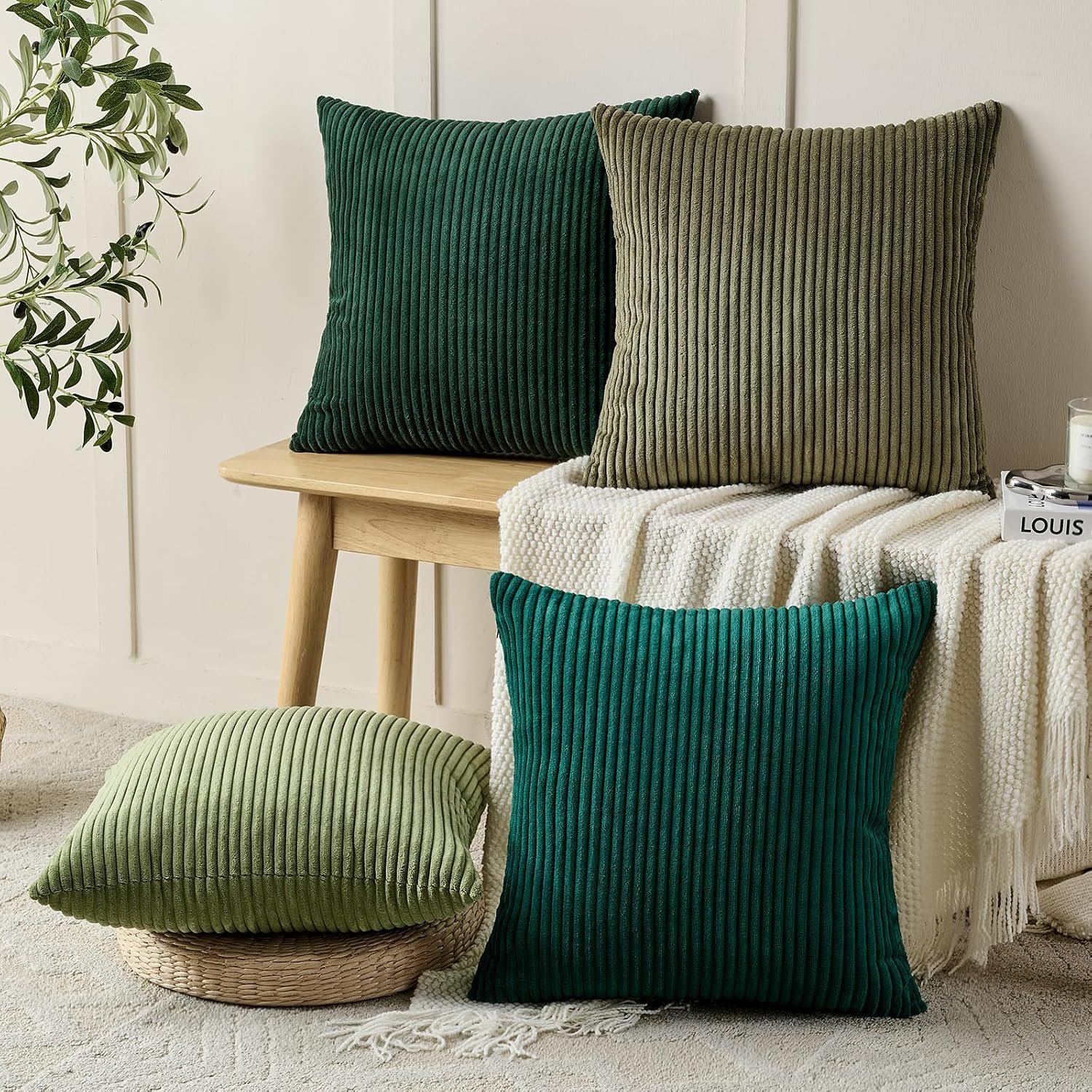 Dark Green Corduroy Decorative Throw Pillow Set (4-Piece) - Image 2