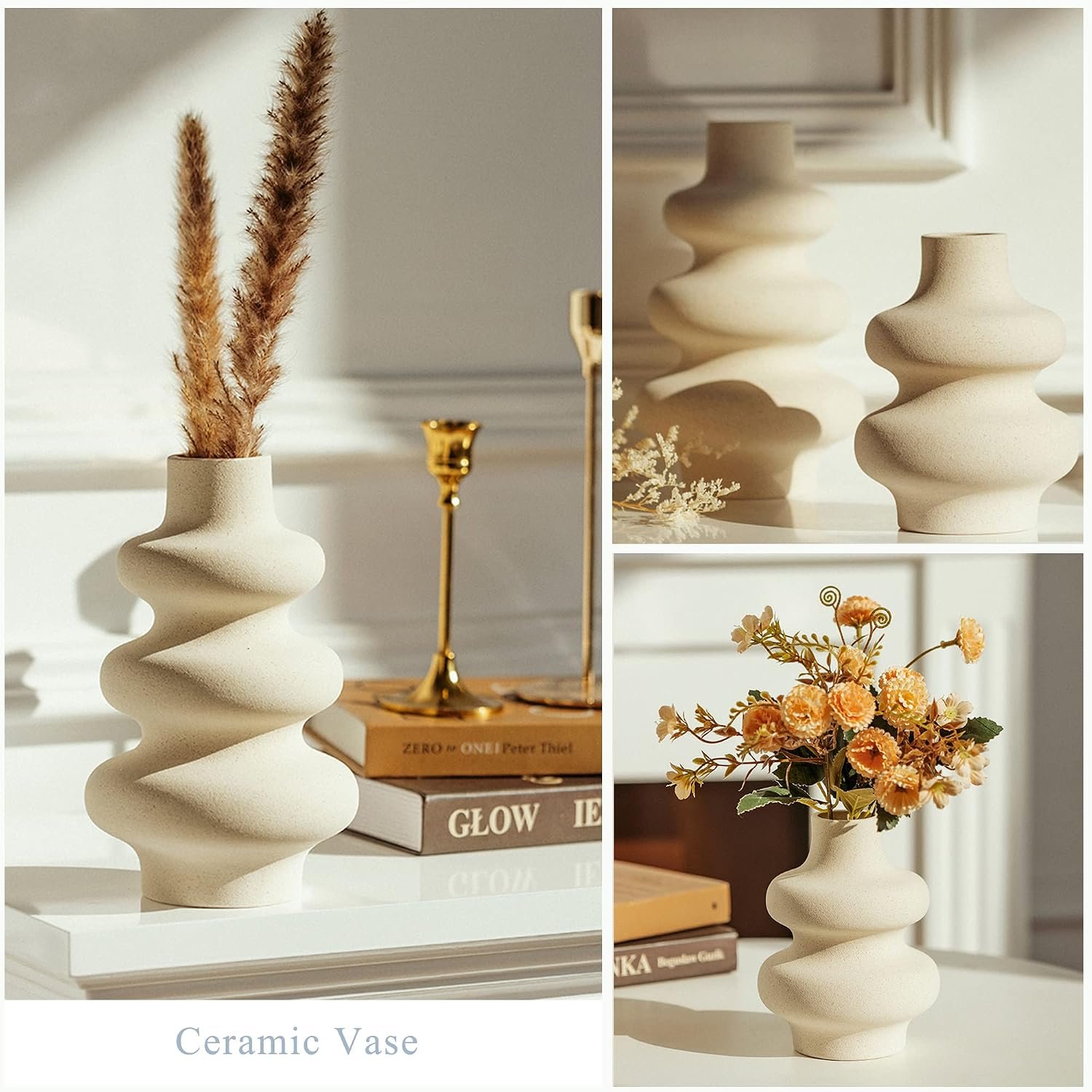 Ceramic Vases Set 2, Modern Home Decor,Off White Round Vases,Modern Dried Flower Vases, Home Decor for Centerpieces Wedding Dinner Table Party Living Room Office Bedroom - Image 2