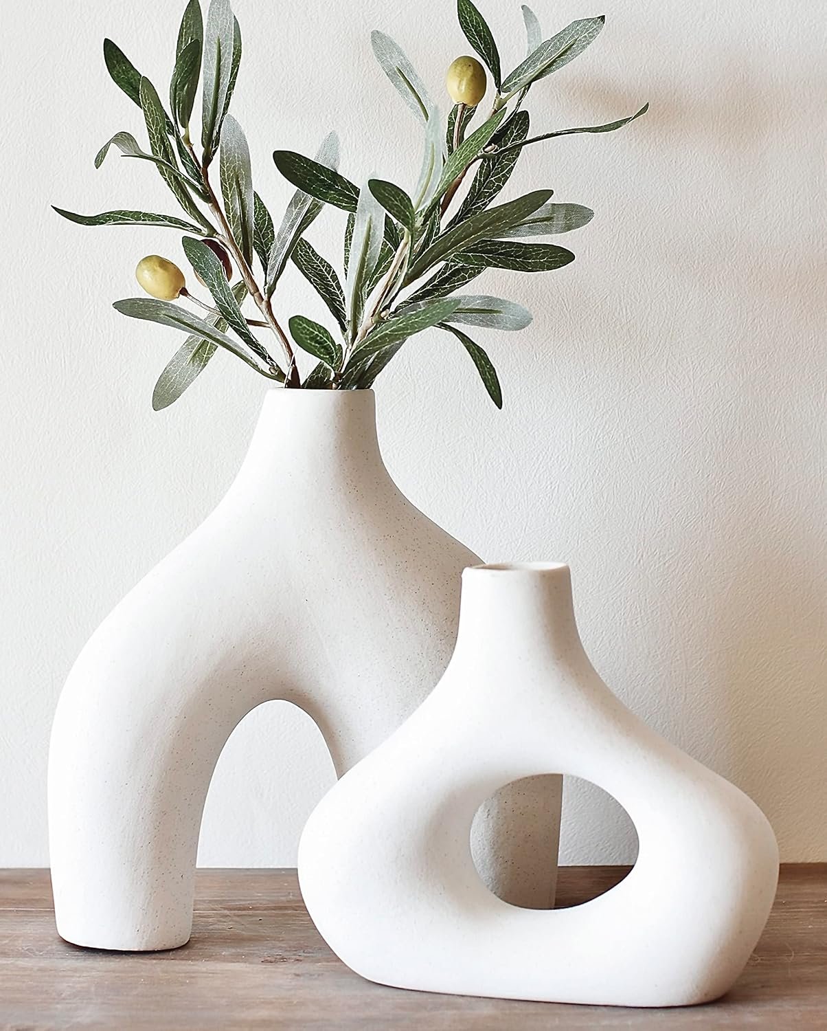 Donut Vase, Set of 2 - Minimalist White Ceramic Hollow Donut Vase Decor | Table Centerpiece, Olive Plant, Wedding, Living Room, Bookshelf, Office, Modern Home, Entryway, Console