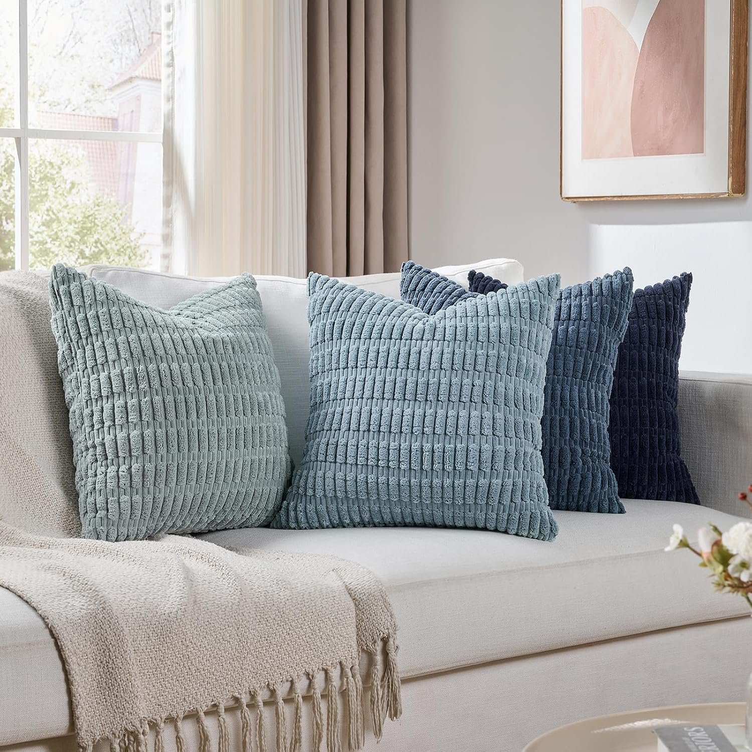 Blue Striped Corduroy Decorative Throw Pillow Set (4-Piece)