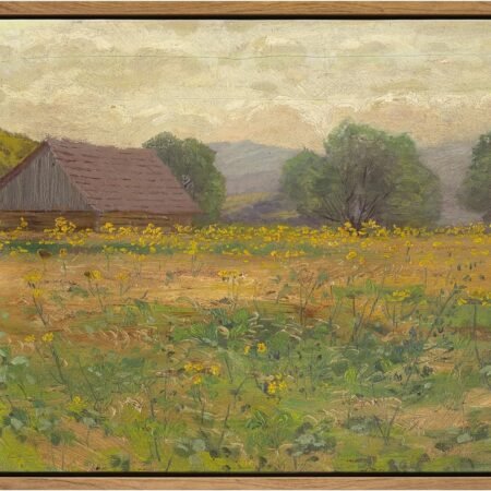 Framed Canvas Wall Art,Vintage Landscape Art, 14x11in Framed Rustic Canvas Print, Meadow with Flowers Painting, Modern Farmhouse Decor Gifts,  Bedroom Bathroom Living Room,Office Decor