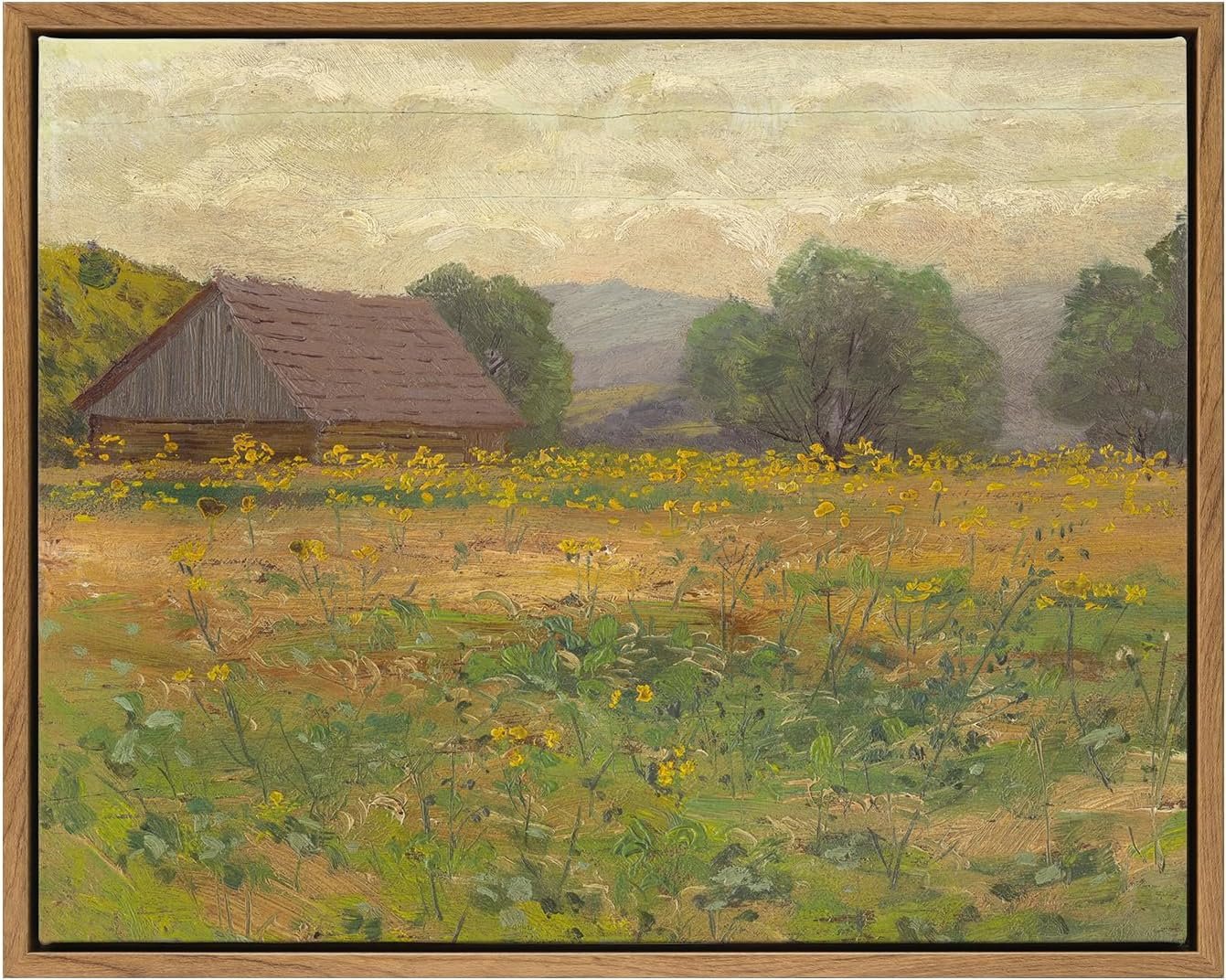 Framed Canvas Wall Art,Vintage Landscape Art, 14x11in Framed Rustic Canvas Print, Meadow with Flowers Painting, Modern Farmhouse Decor Gifts, Bedroom Bathroom Living Room,Office Decor